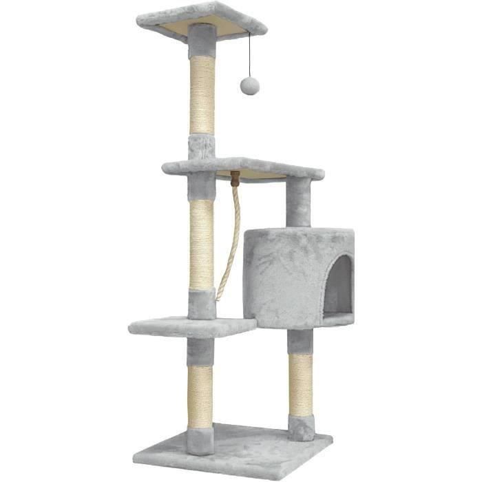 Arbre a chat - 40 x 40 x 110 cm - PALOMA - Gris - 3 plateformes, 1 corde, 1 niche , poteaux a griffer