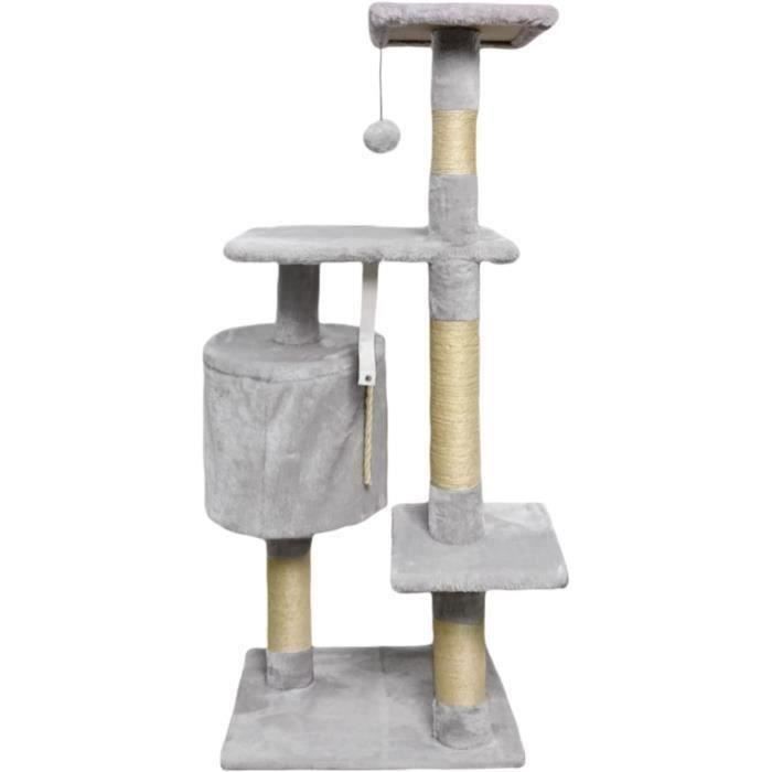Arbre a chat - 40 x 40 x 110 cm - PALOMA - Gris - 3 plateformes, 1 corde, 1 niche , poteaux a griffer