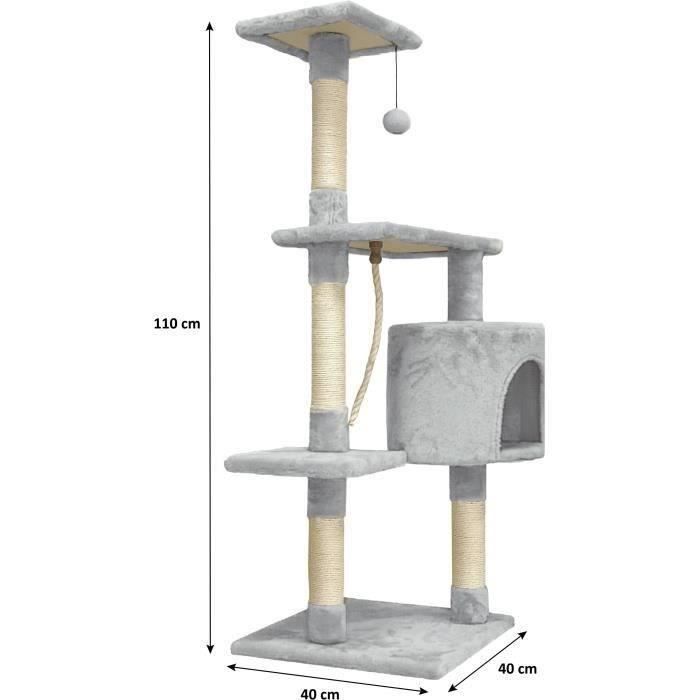 Arbre a chat - 40 x 40 x 110 cm - PALOMA - Gris - 3 plateformes, 1 corde, 1 niche , poteaux a griffer